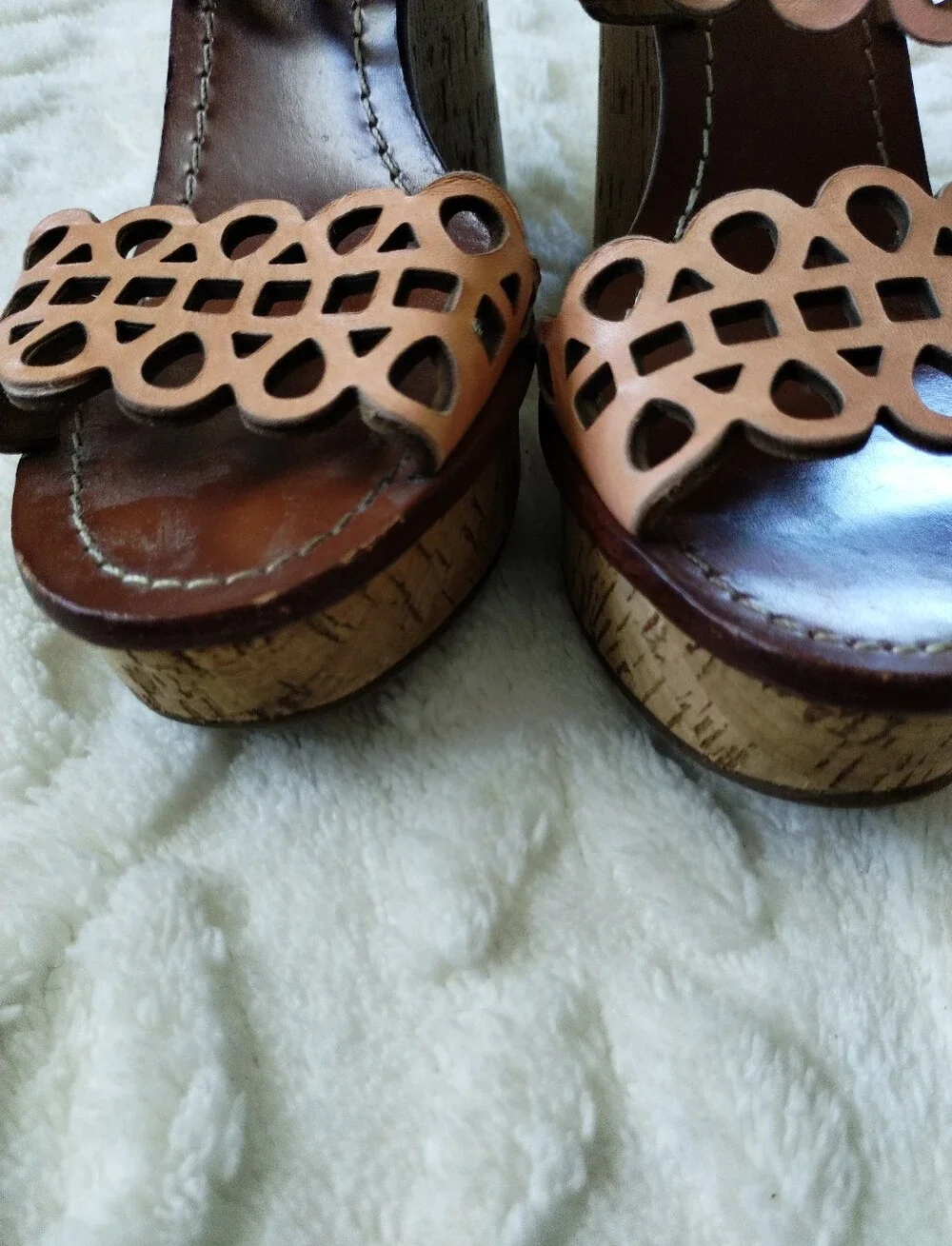 Tory Burch Nori Wedge Tan Laser-Cut Leather Sandals
